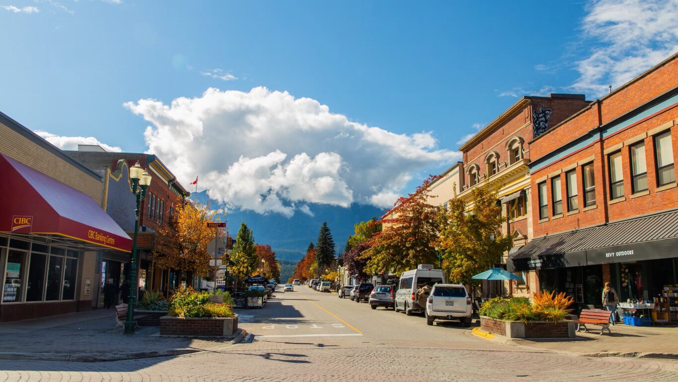 Canmore Alberta street scene with mountains and autumn foliage