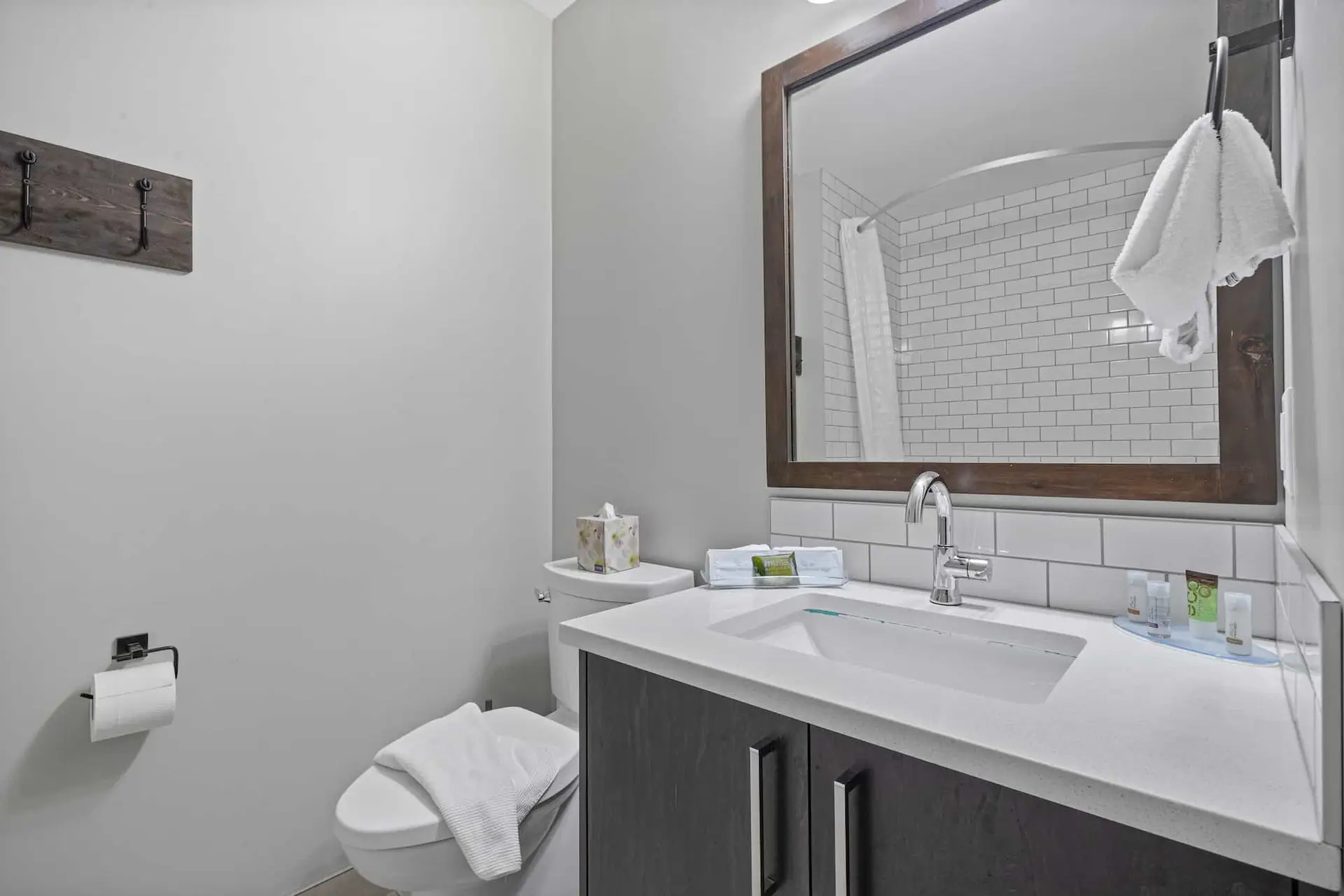 Deluxe Queen room bathroom at Basecamp Northwinds Canmore with sink, toilet, and shower.