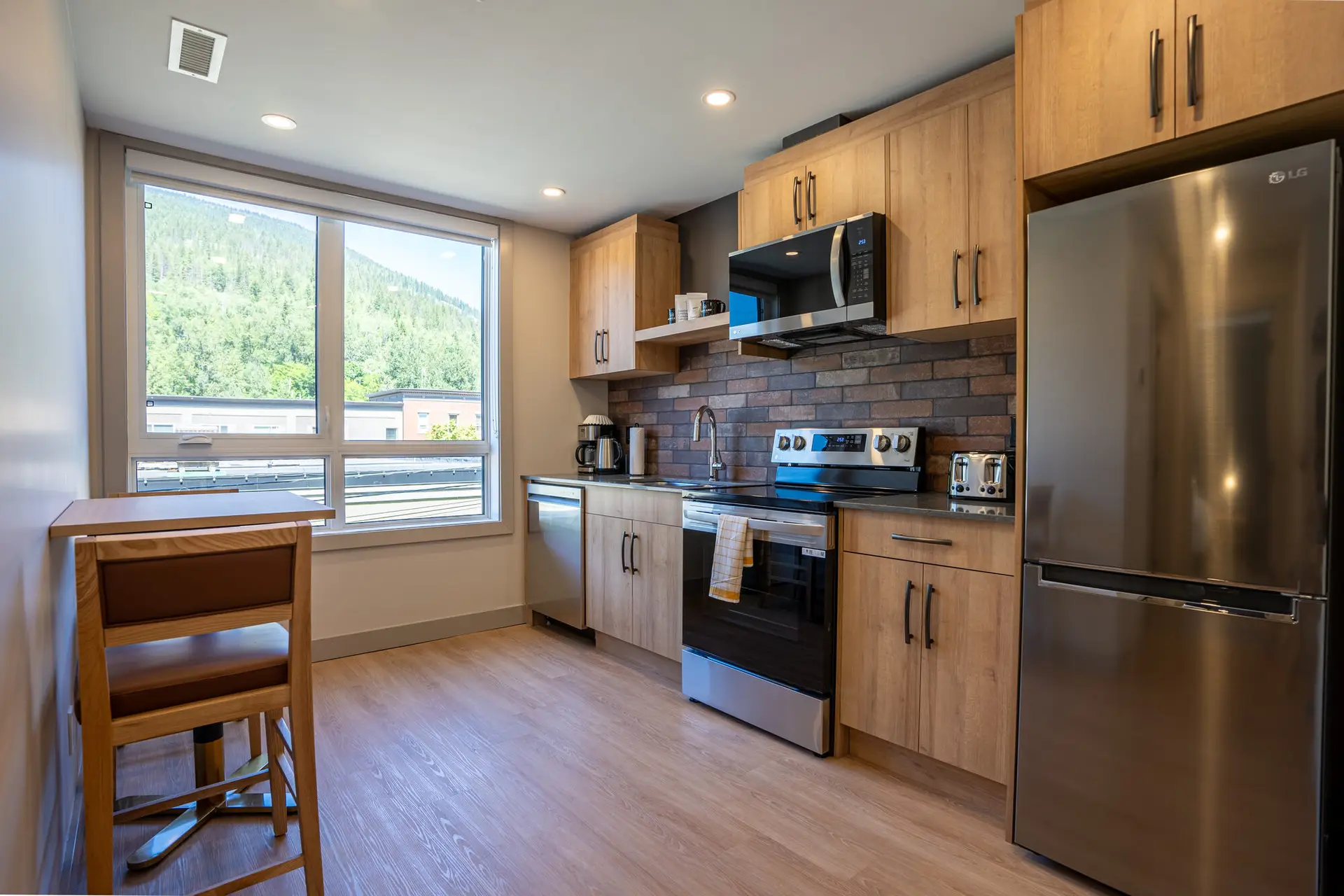 Modern kitchenette in a Basecamp Suites Revelstoke suite with stainless steel appliances.