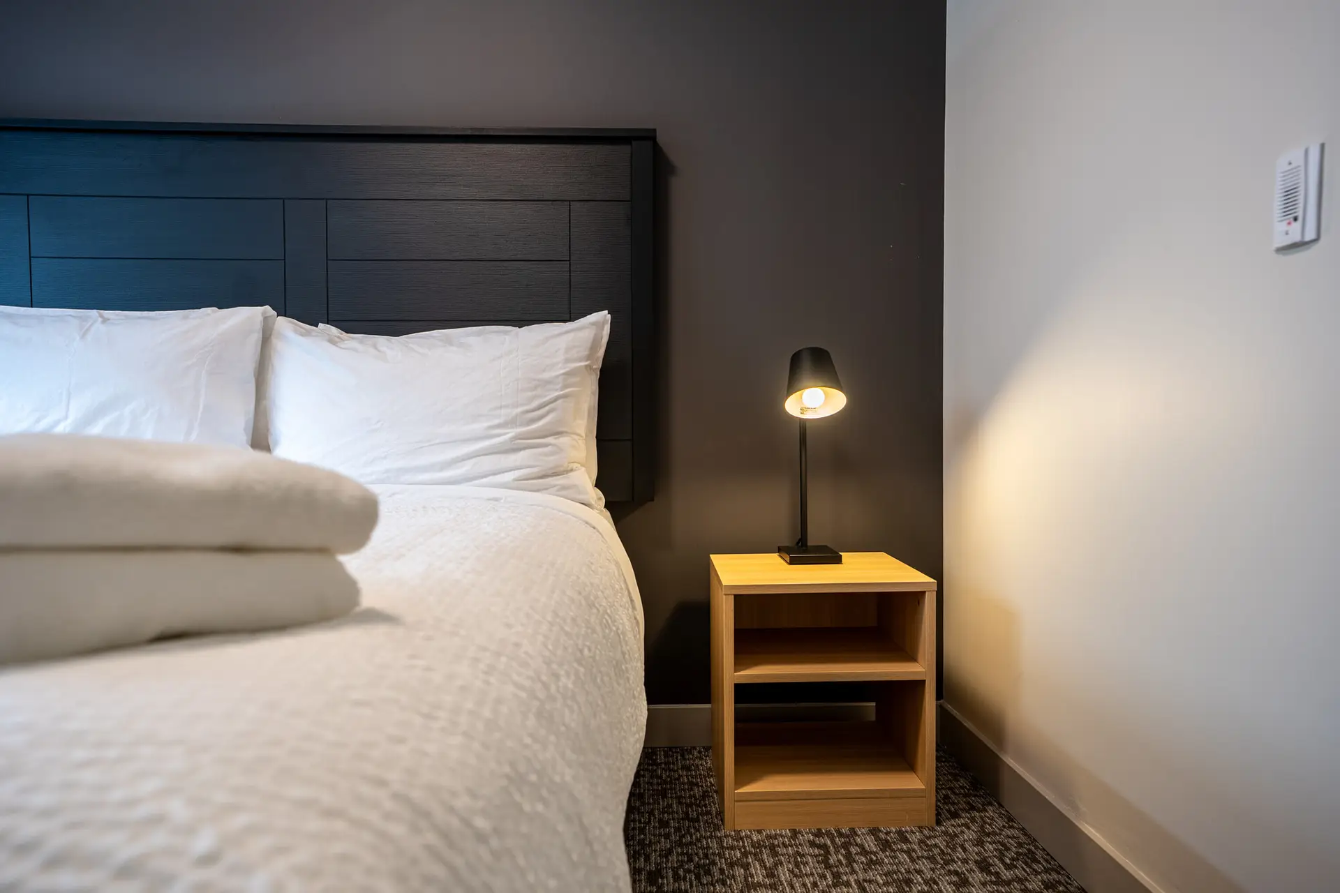 Basecamp Suites Revelstoke: One bedroom suite with a king bed, nightstand, and lamp.