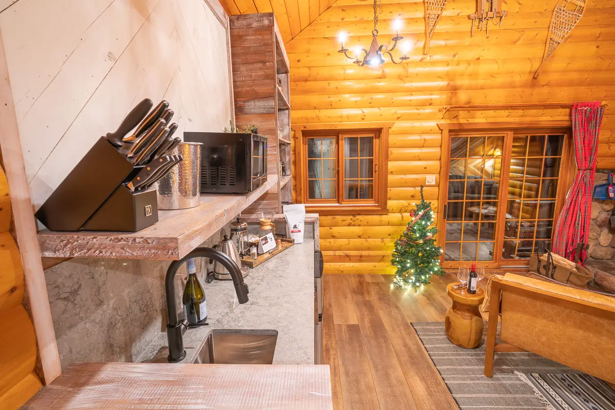 Cozy cabin kitchen and living area with Christmas tree