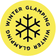 Yellow circle with black snowflake and "Winter Glamping" text.