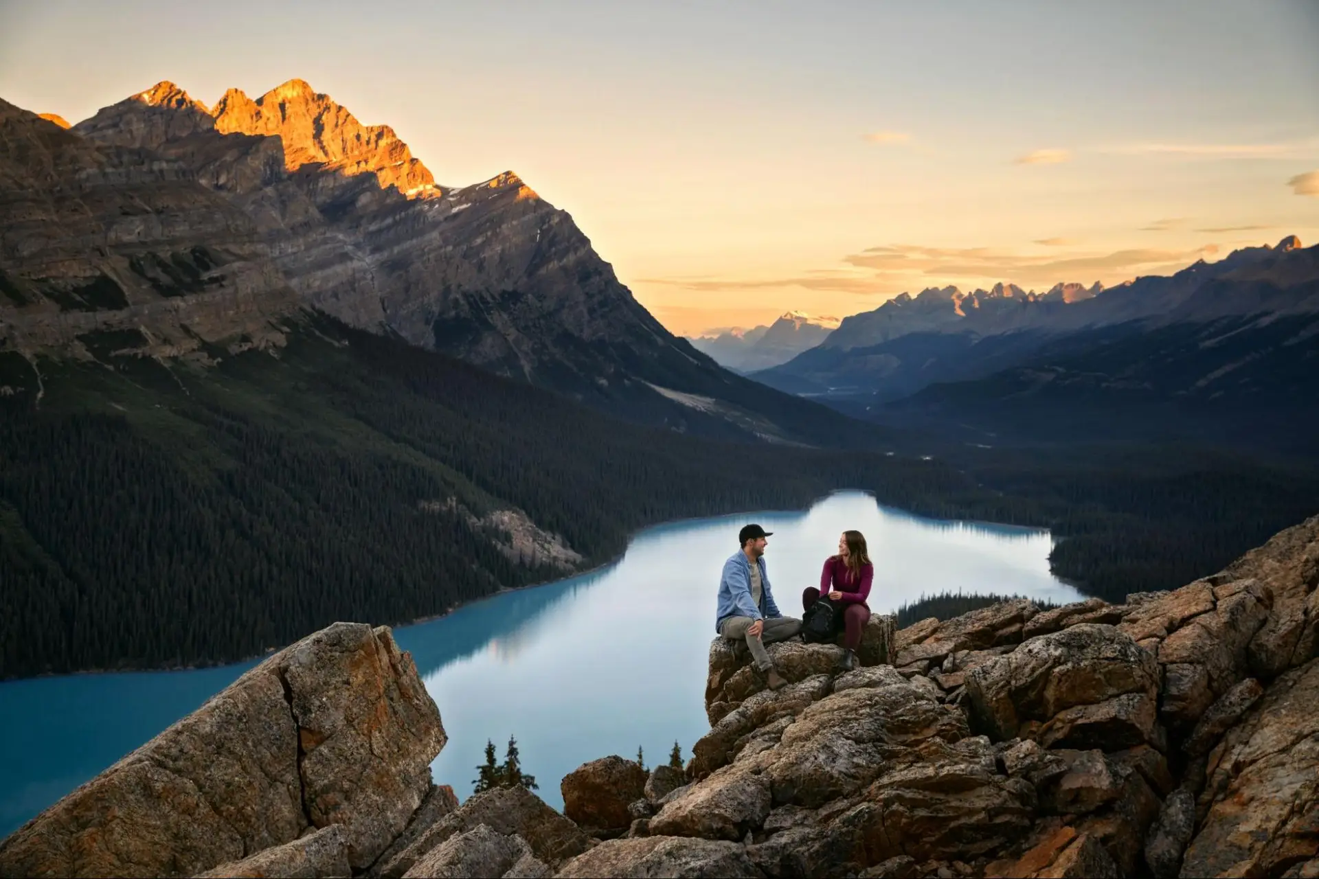 Couple enjoys sunset view of Peyto Lake, Banff National Park, Alberta.