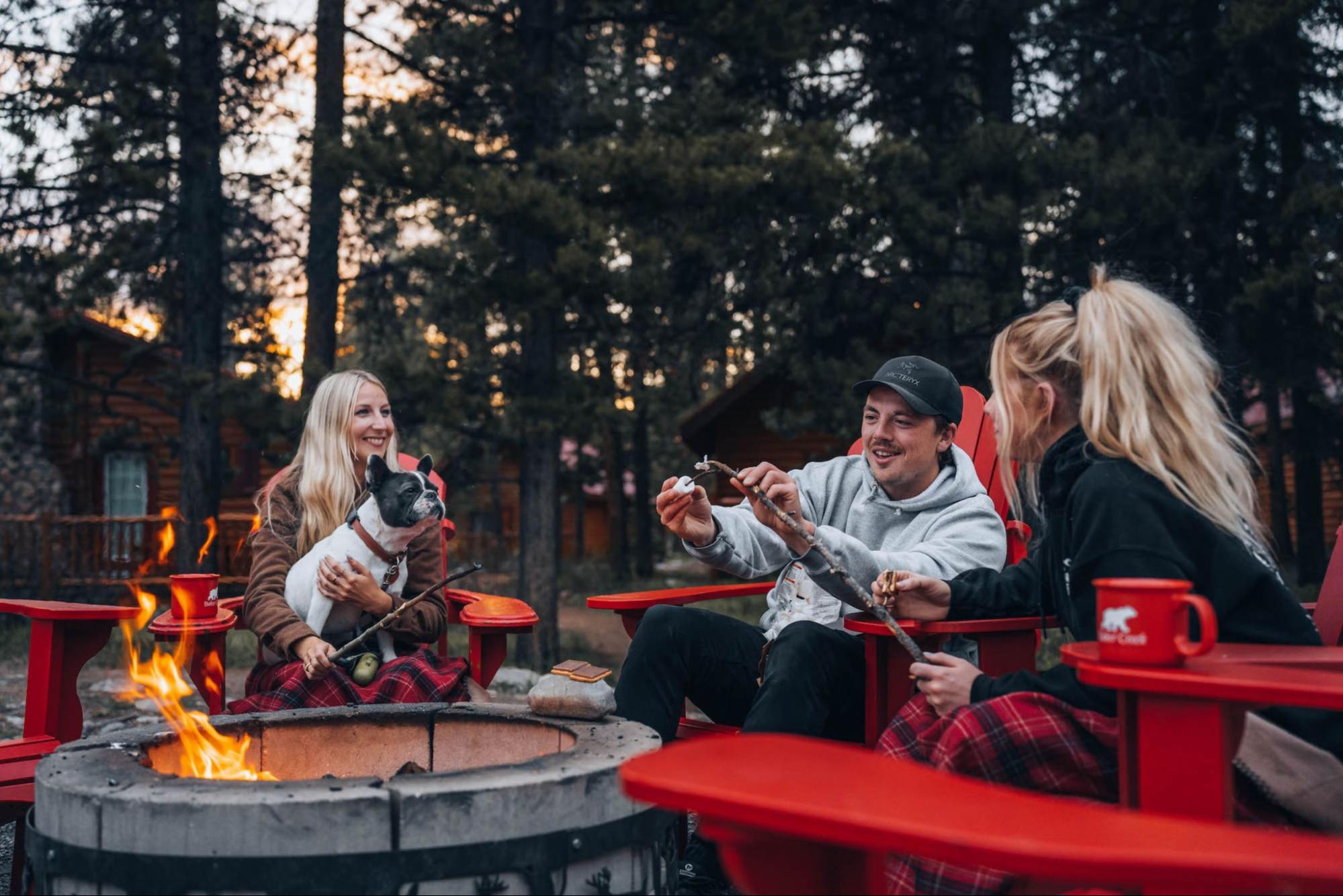 Friends roasting marshmallows by a campfire in the mountains